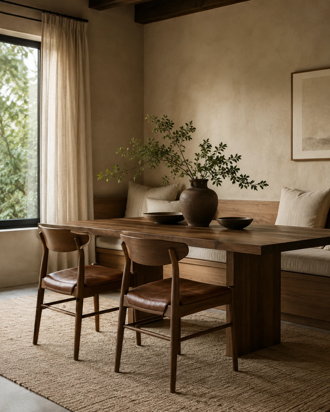 Mesa de comedor de madera maciza con sillas y banca, frente a un ventanal